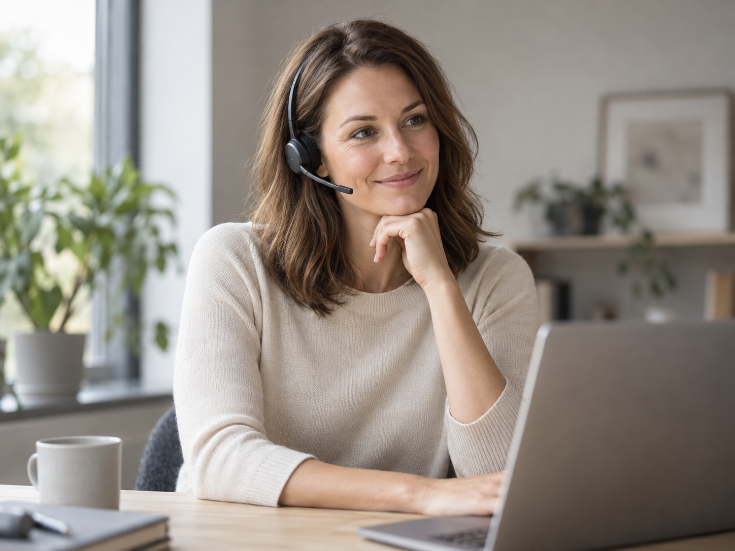 Illustrative portrait of a woman with a headset on a work call